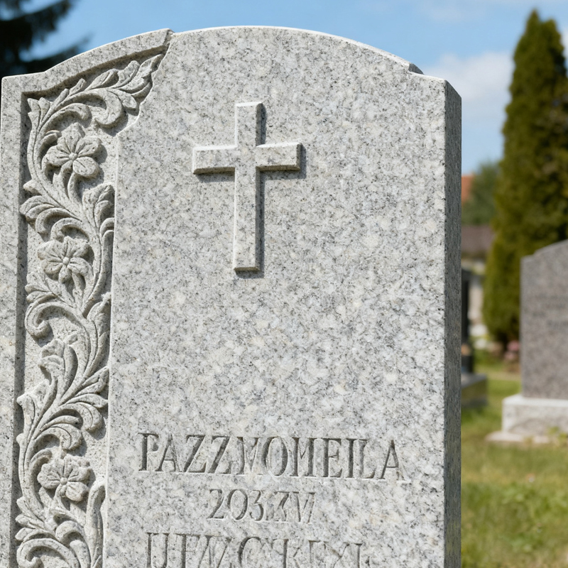 Light Gray Granite Tombstone with Carved Cross Headstone