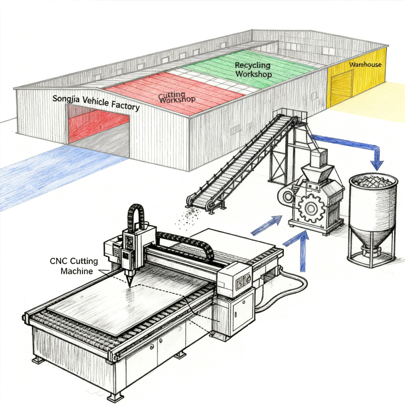 Songjia factory yard with cutting and recycling system overview