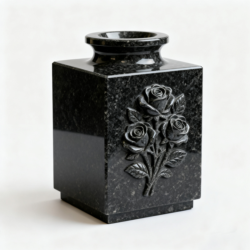 Square Black Granite Memorial Vase with Carved Rose