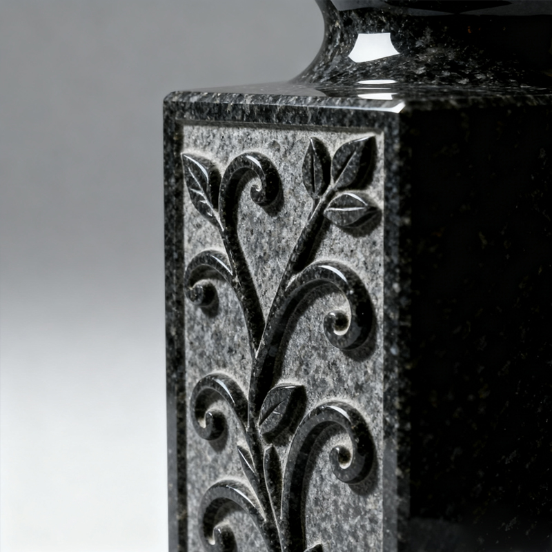 Square Black Granite Memorial Vase with Carved Rose