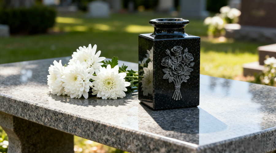 Square Black Granite Memorial Vase with Carved Rose