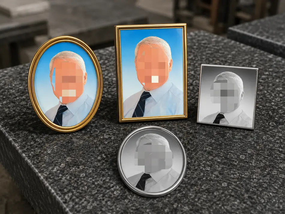 Custom memorial ceramic portrait options in oval rectangle color and black white styles