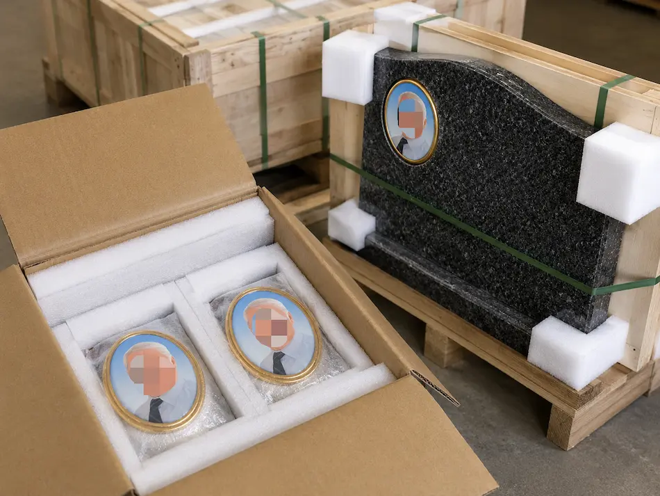 Protective packing for memorial ceramic portraits shipped with tombstone orders