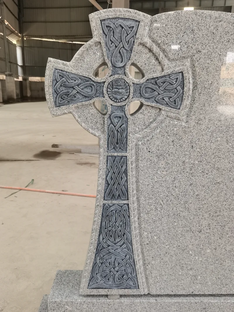 G603 granite Celtic cross headstone with carved IHS symbol and curved inscription panel
