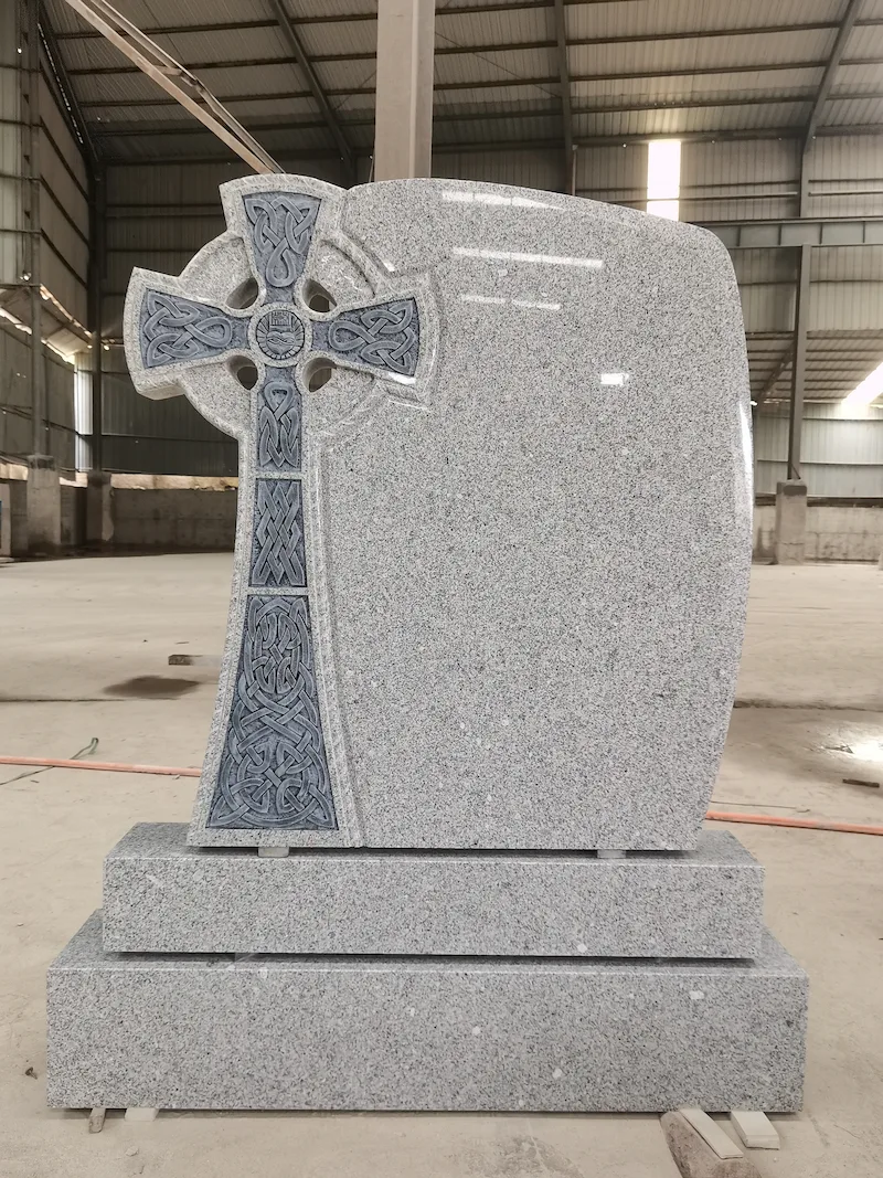 G603 granite Celtic cross headstone with carved IHS symbol and curved inscription panel