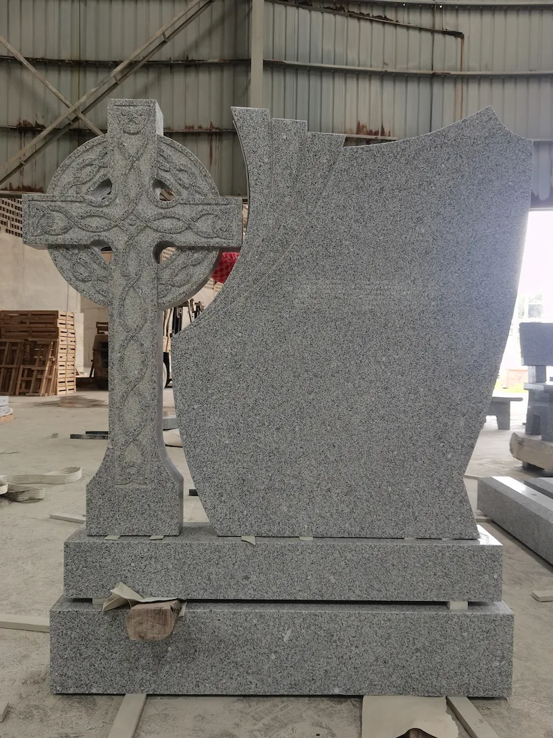 G603 granite Celtic cross headstone with serpentine inscription panel and carved cross detail