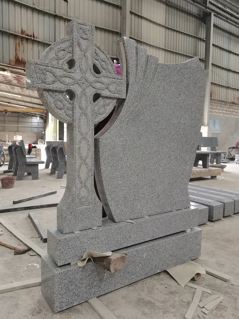 G603 granite Celtic cross headstone with serpentine inscription panel and carved cross detail
