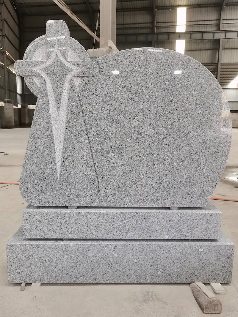G603 granite cross headstone with curved inscription panel and matching base