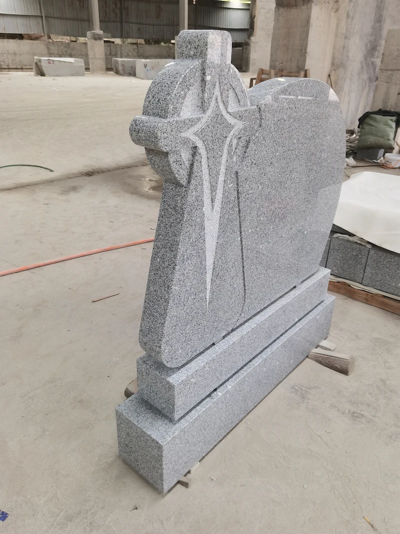 G603 granite cross headstone with curved inscription panel and matching base