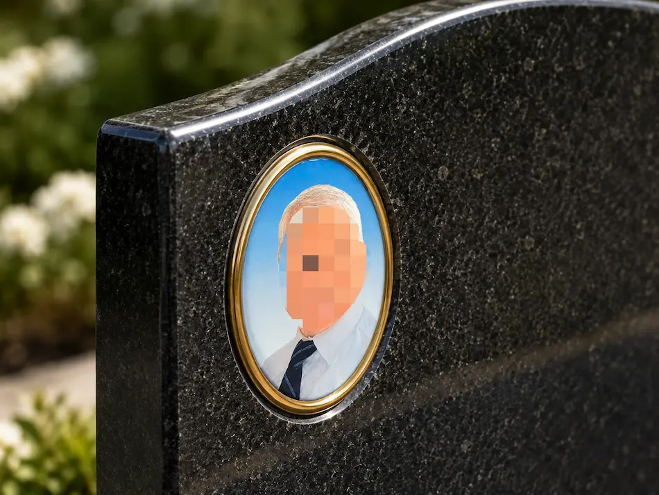 Recess fit ceramic portrait installation detail on polished granite tombstone