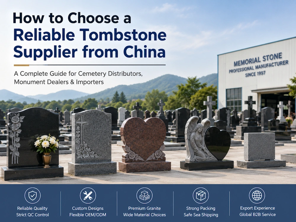 Reliable tombstone supplier from China guide showing granite headstones, custom memorial designs, quality control, packing, and export service