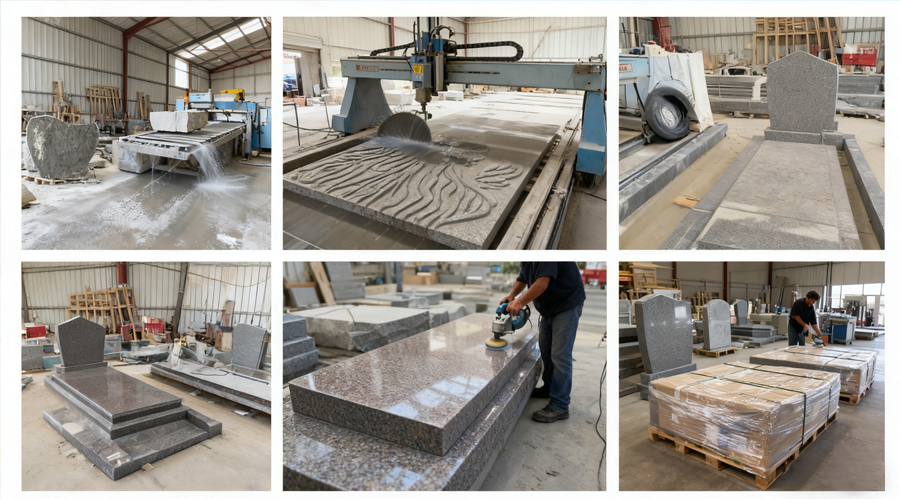 showing the different stages of French tombstone production, including cutting, carving, polishing, and packaging.