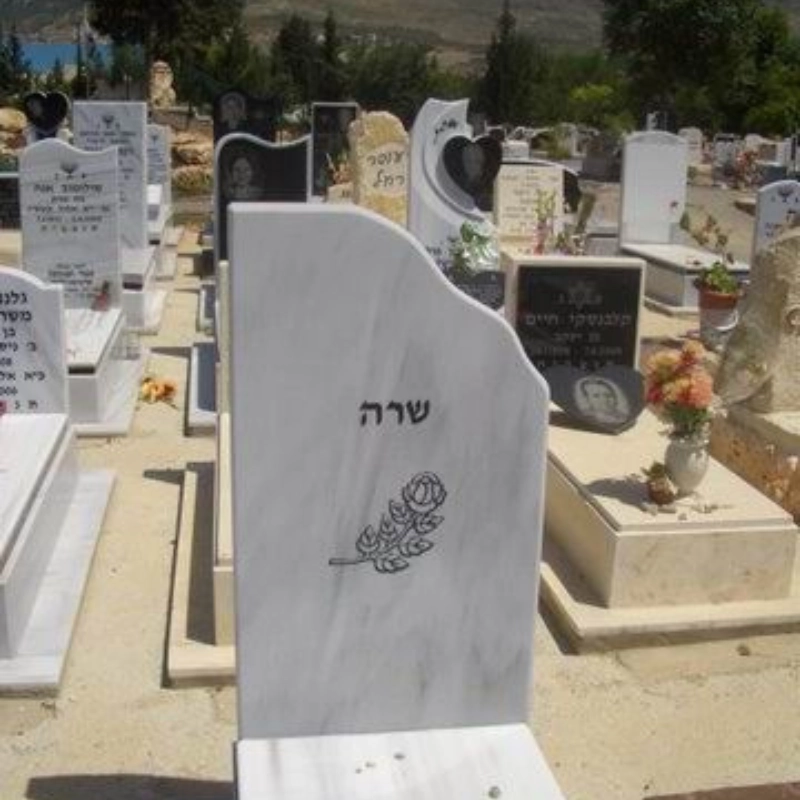 White marble israeli headstone rose etching