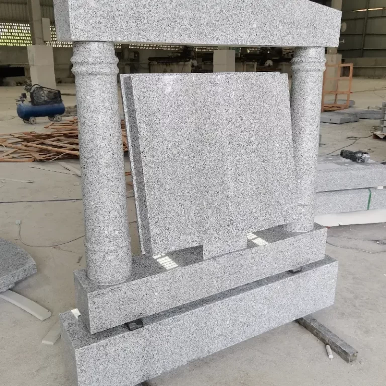 G603 granite temple-style headstone with pillars, capstone and inscription panel
