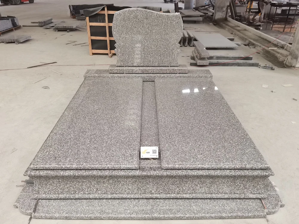 G664 granite Hungary-style double tombstone with full cover slabs and upright headstone