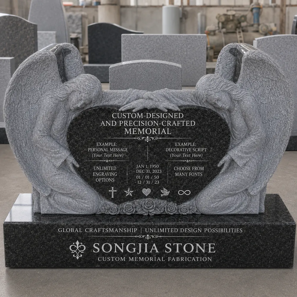 Blue Pearl Granite Custom Double Angel Heart Headstone with kneeling angel statues, heart panel and rose carving