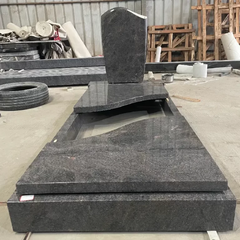 Himalaya Blue granite German-style full cover tombstone with curved headstone and raised base