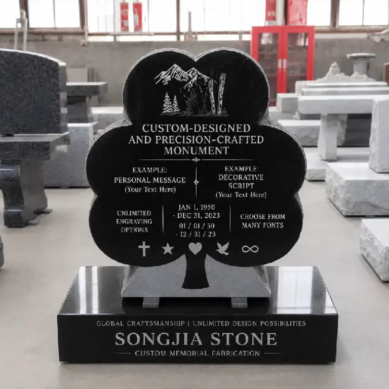 Indian Black Granite Tree-Shaped Custom Headstone with Polished Base