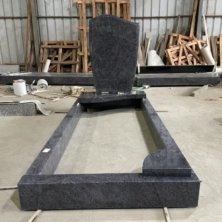 Bahama Blue granite German-style kerb memorial with curved upright headstone