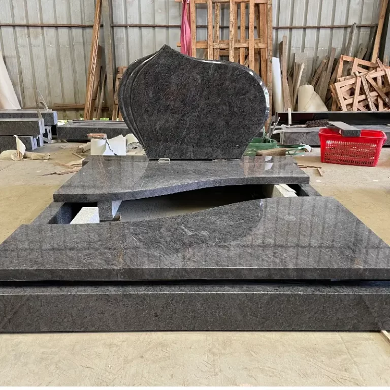 Bahama Blue Granite German-Style Full Cover Tombstone with curved wave headstone and polished ledger cover