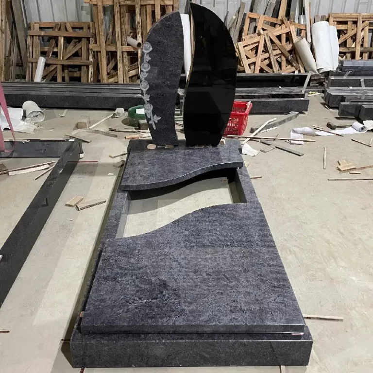 Bahama Blue & Indian Black Granite German-style tombstone with split headstone and wave ledger cover