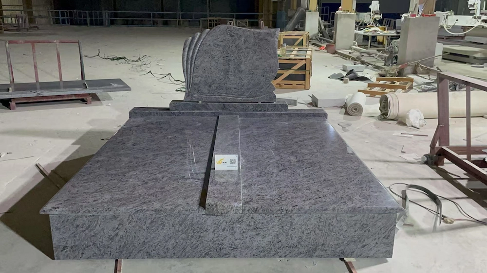 Bahama Blue Granite Double Hungary Tombstone with Curved Headstone and Full Cover Slabs
