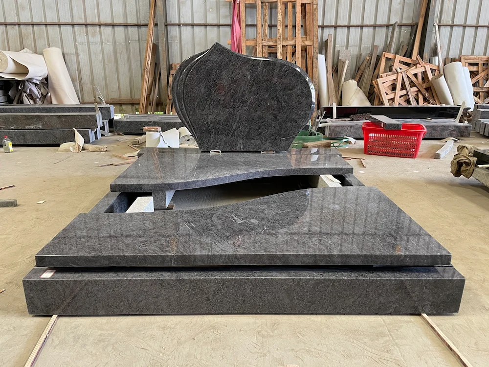 Bahama Blue Granite German-Style Full Cover Tombstone with curved wave headstone and polished ledger cover