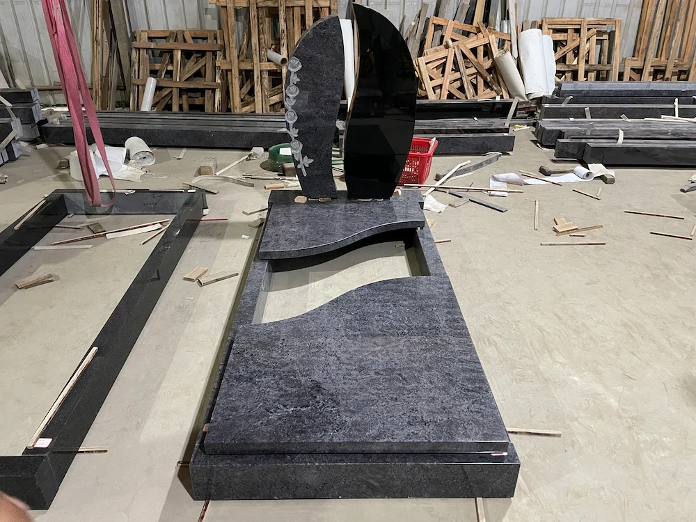 Bahama Blue and Indian Black Granite German Style Tombstone with Split Headstone and Wave Ledger Cover