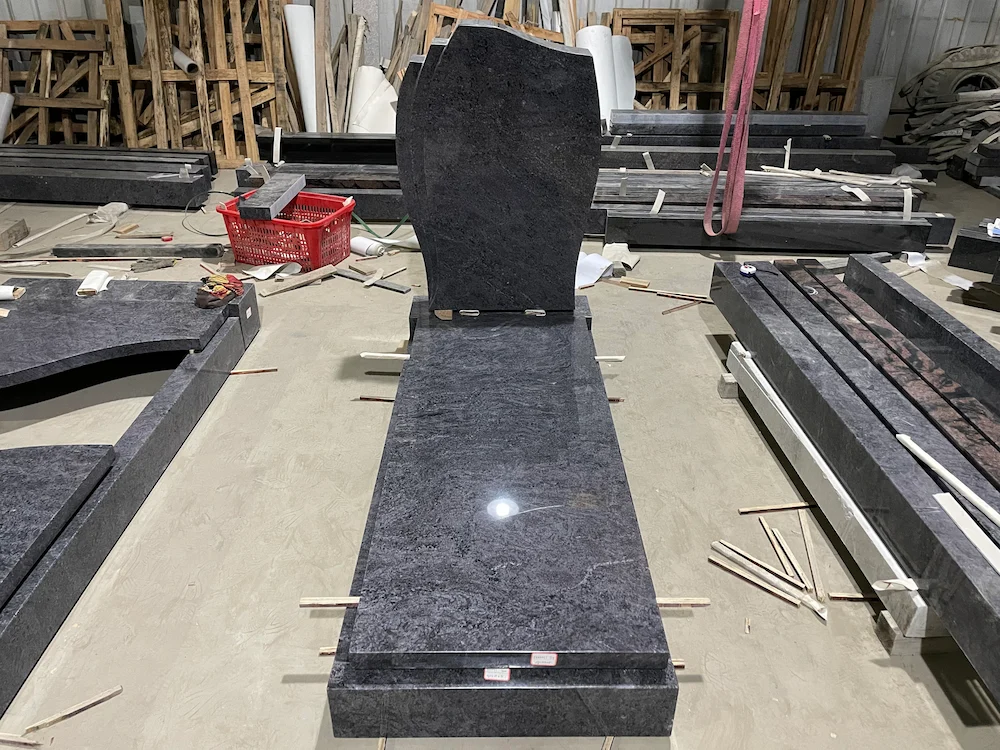 Bahama Blue German Full Ledger Tombstone with upright headstone and polished ledger cover