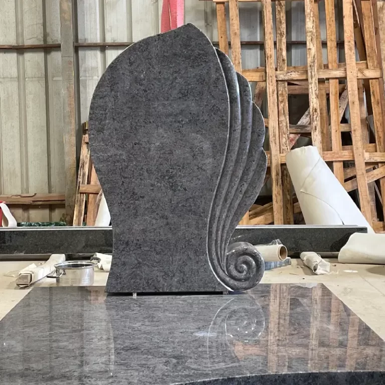 Bahama Blue Granite German-Style Leaf Headstone with Full Ledger Cover and Curved Side Detail