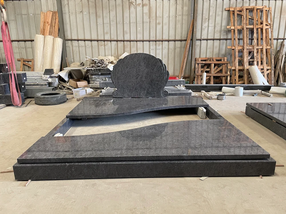 Bahama Blue Granite German Tombstone with Full Grave Cover and Kerb Frame