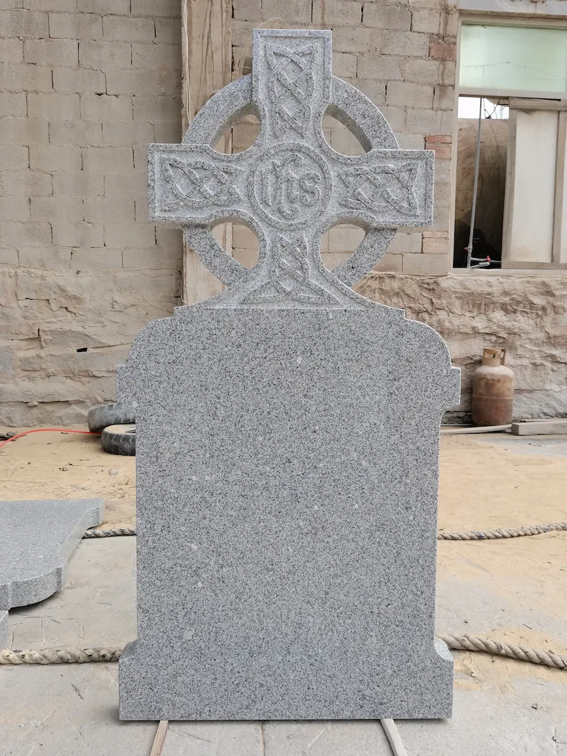 G603 Grey Granite Irish Celtic Cross Headstone with IHS carving and curved memorial tablet