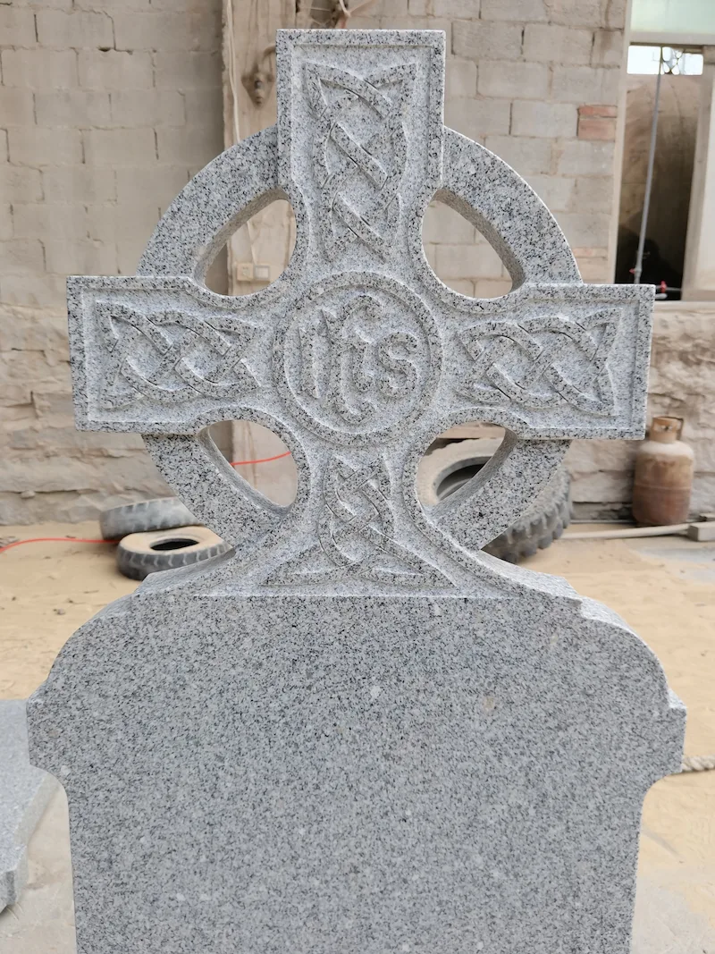 G603 Grey Granite Irish Celtic Cross Headstone with IHS carving and curved memorial tablet