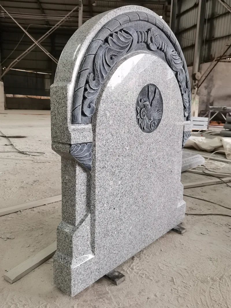 G603 grey granite arched headstone with bird and floral carving for cemetery memorial projects