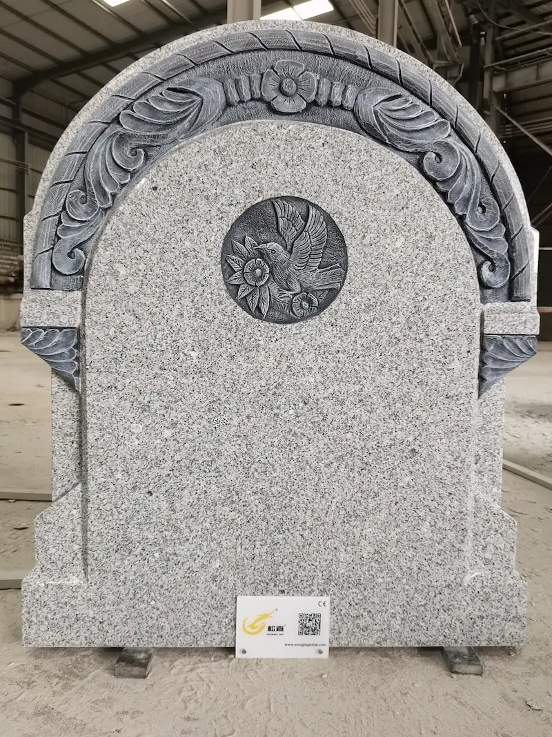 G603 grey granite arched headstone with bird and floral carving for cemetery memorial projects