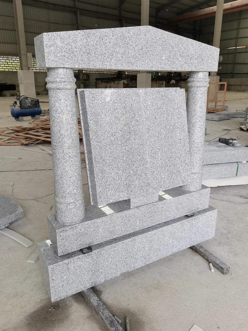 G603 granite temple-style headstone with pillars, capstone and inscription panel