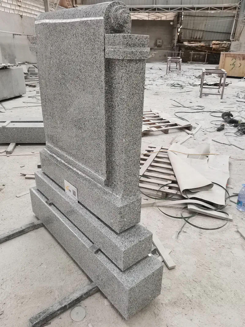 G603 grey granite Irish scroll headstone with polished base for cemetery memorial