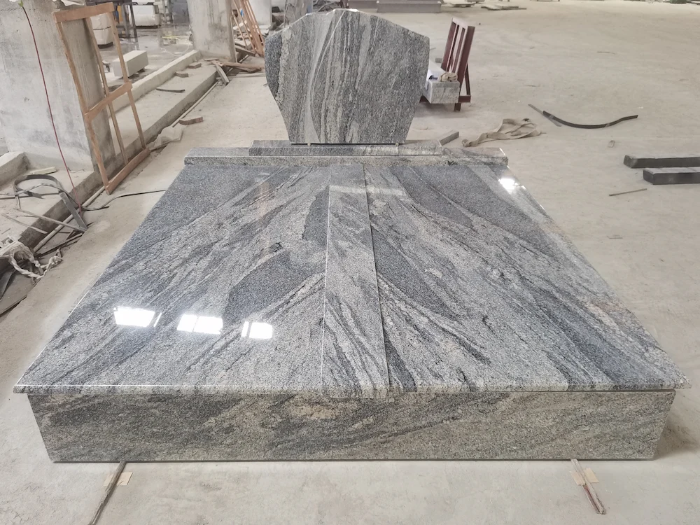 China Juparana Double Hungary Tombstone with Polished Full Cover Slabs and Natural Grey Wave Pattern