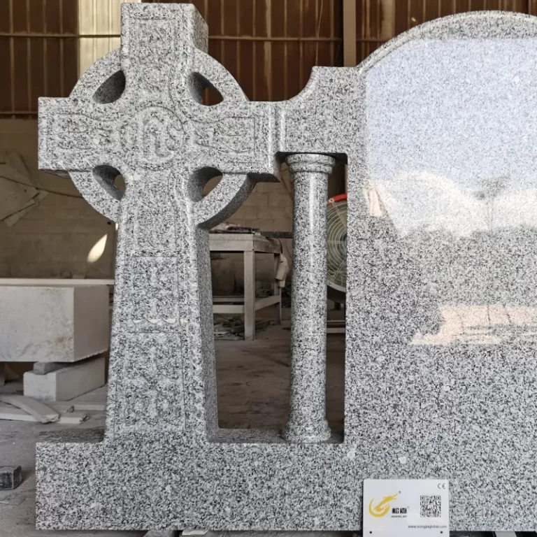 G603 granite Celtic cross headstone with column and rounded inscription panel