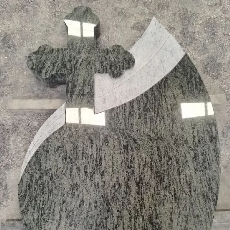 Olive Green Granite Hungarian-Style Wave Cross Headstone with curved panel