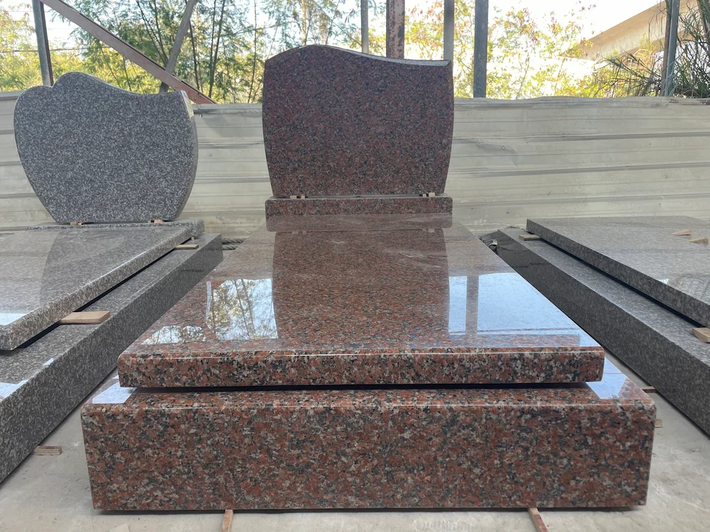G562 French-Style Granite Memorial with curved headstone, polished ledger slab, and matching base for cemetery use