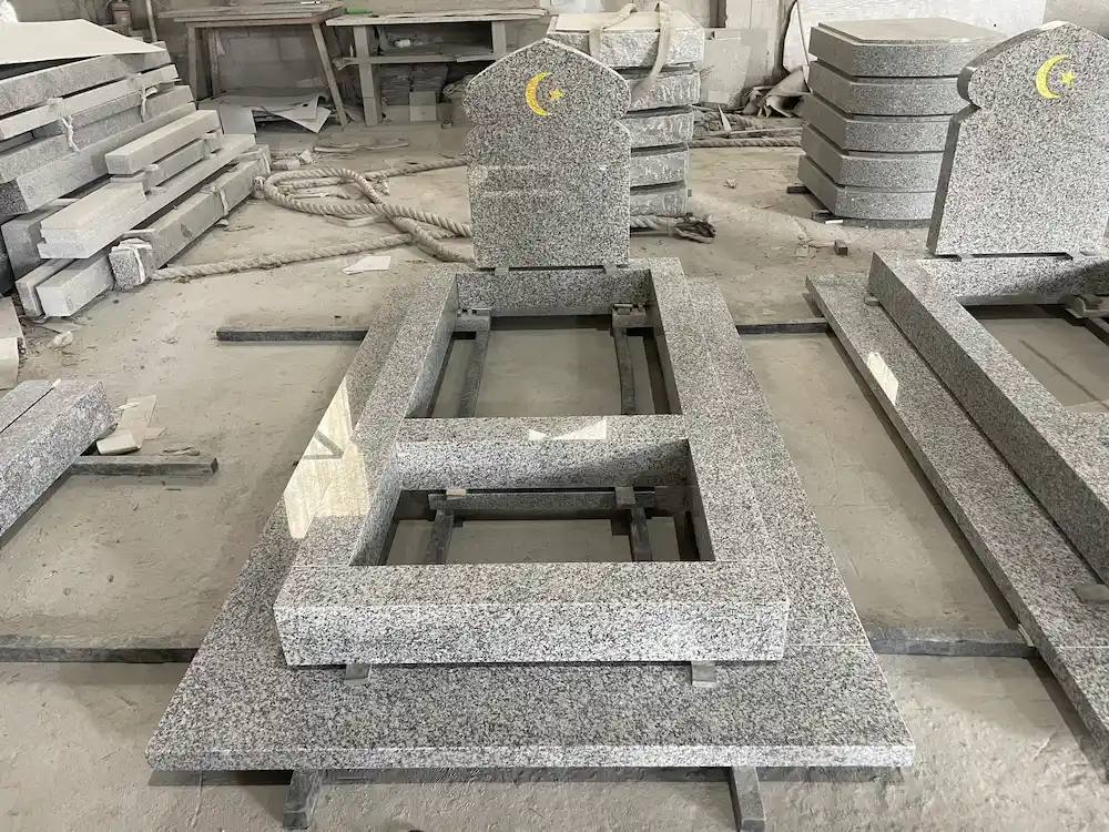 G603 Granite Muslim Full Kerb Memorial with Crescent and Star Headstone