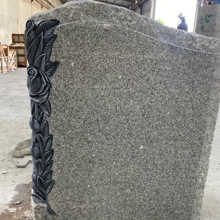 G603 granite rose carving headstone with curved inscription panel and floral side detail