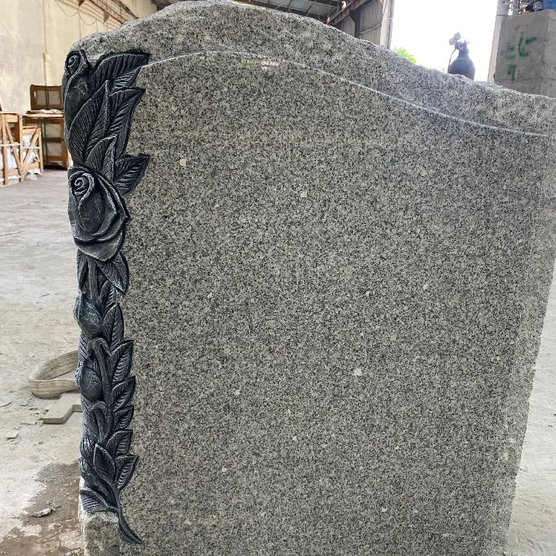 G603 granite rose carving headstone with curved inscription panel and floral side detail