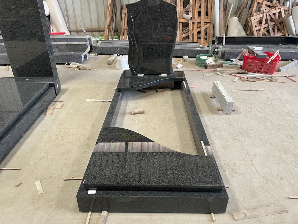 Impala Black Granite German Tombstone with Full Grave Cover and Kerb Frame